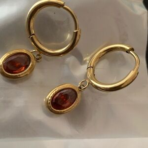 Elegant Gold Hoop Earrings with Red Gemstone